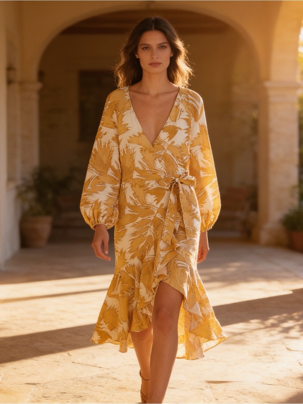 Yellow Floral Wrap Midi Dress with Balloon Sleeves